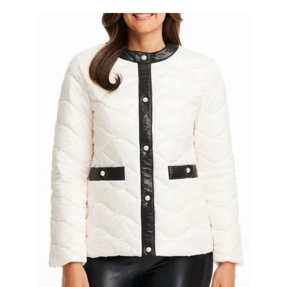 Kate Spade White and Black Quilted Jacket with Pearl Snaps Size L